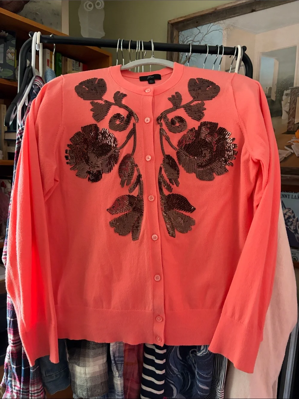 J. Crew Coral Pink Cardigan with Brown Sequin Floral Embellishment - Picture 1 of 6